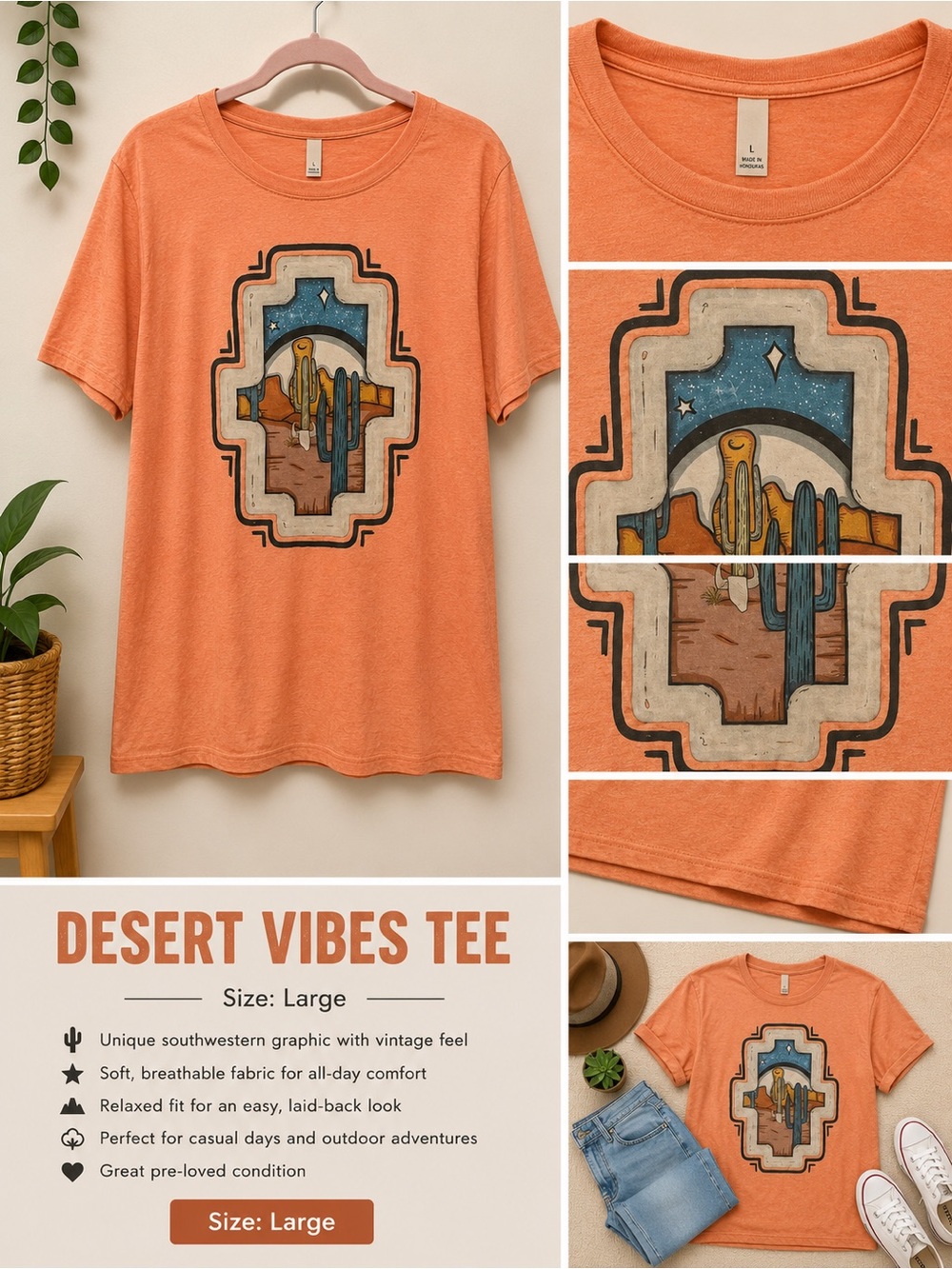 Jerzees Orange Southwestern Cactus Graphic Tee